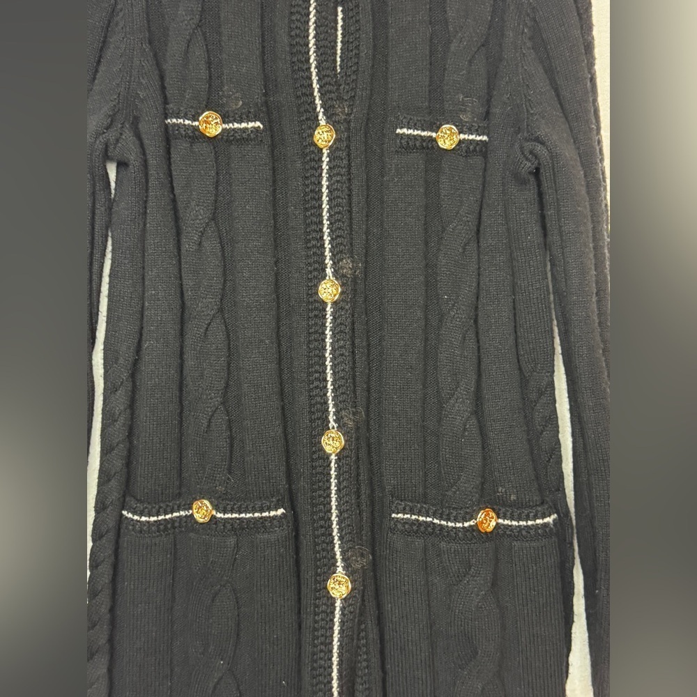 TALBOTS Cotton Blend Preppy Chunky Black Cable Knit Cardigan Gold Buttons SZ S. - Picture 5 of 12